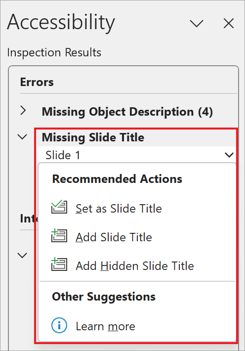 Screenshot that shows the Accessibility Checker with the Missing slide title list highlighted.