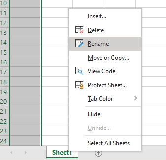 Screenshot of the Rename option selected in the right-click menu for Sheet1.