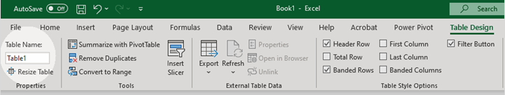 Screenshot of the Table Name field in the Excel Table Design ribbon highlighted.