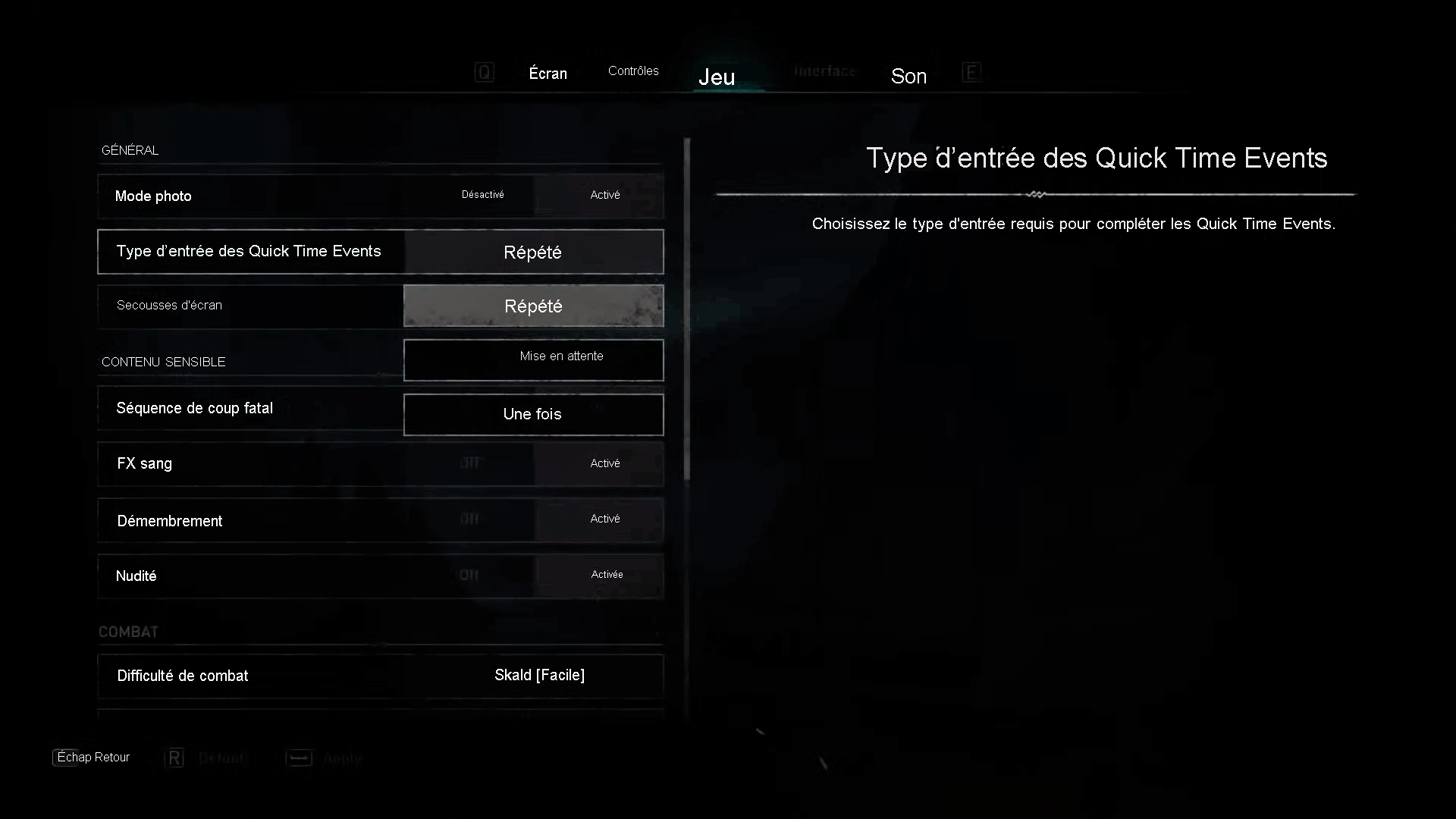 Screenshot that shows the Assassin's Creed Valhalla Quick Time Events Input Type settings. The options provided are Repeated, Hold, and One-Time.