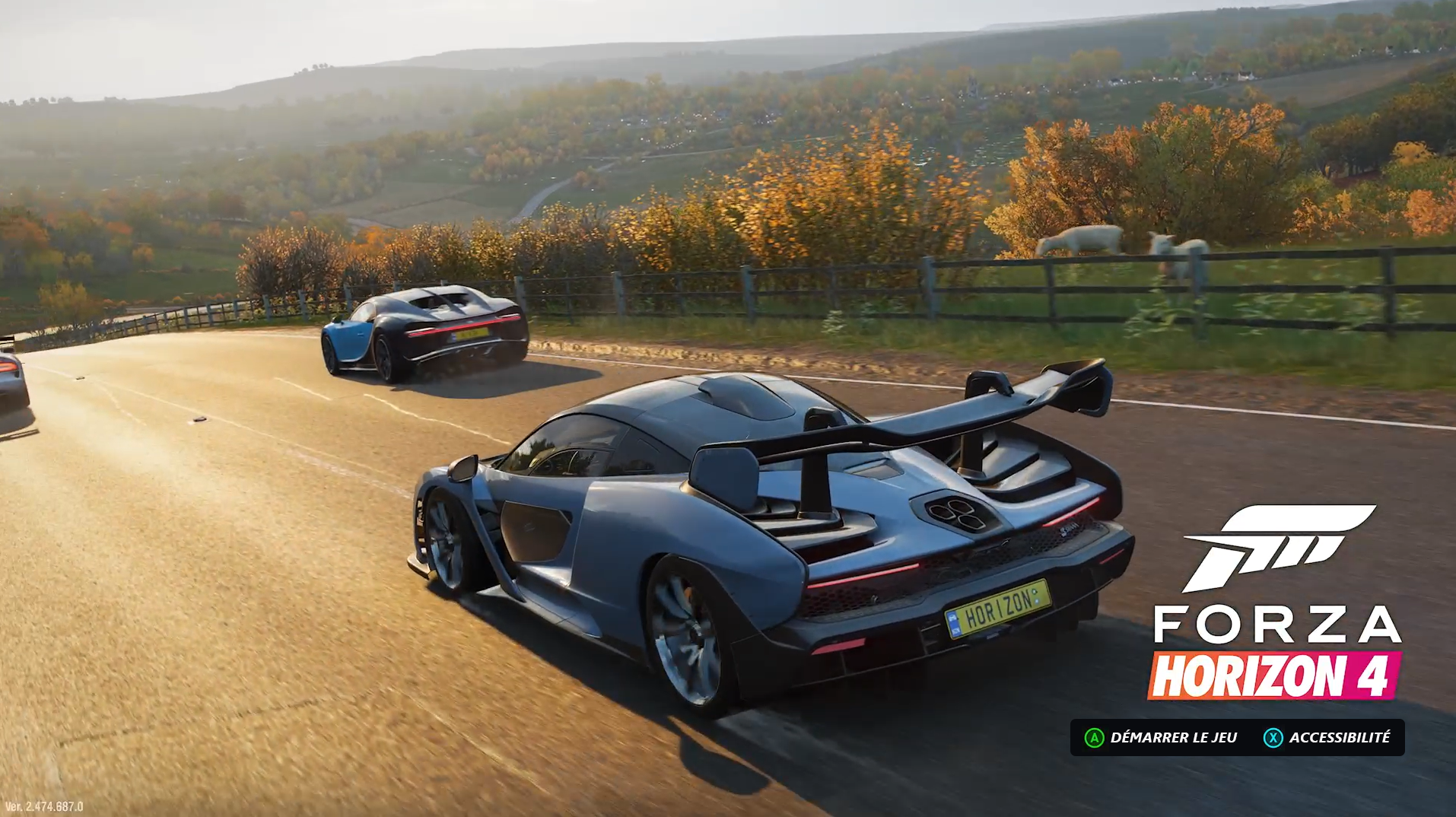 Screenshot that shows the start screen from Forza Horizon 4 with the option to select A to start the game and X to open the accessibility menu.