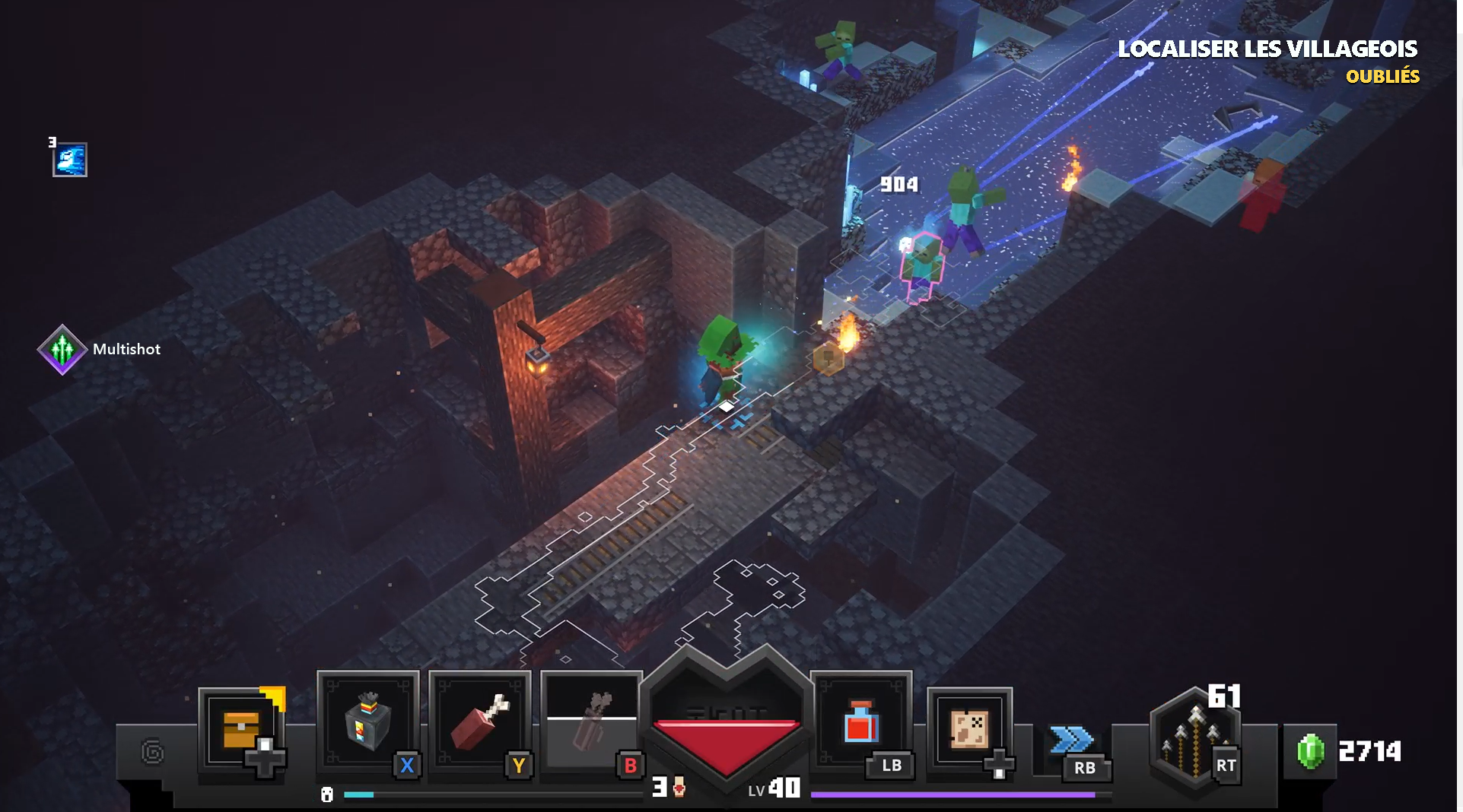 Screenshot that shows a wizard in Minecraft Dungeons standing in a frozen dungeon.