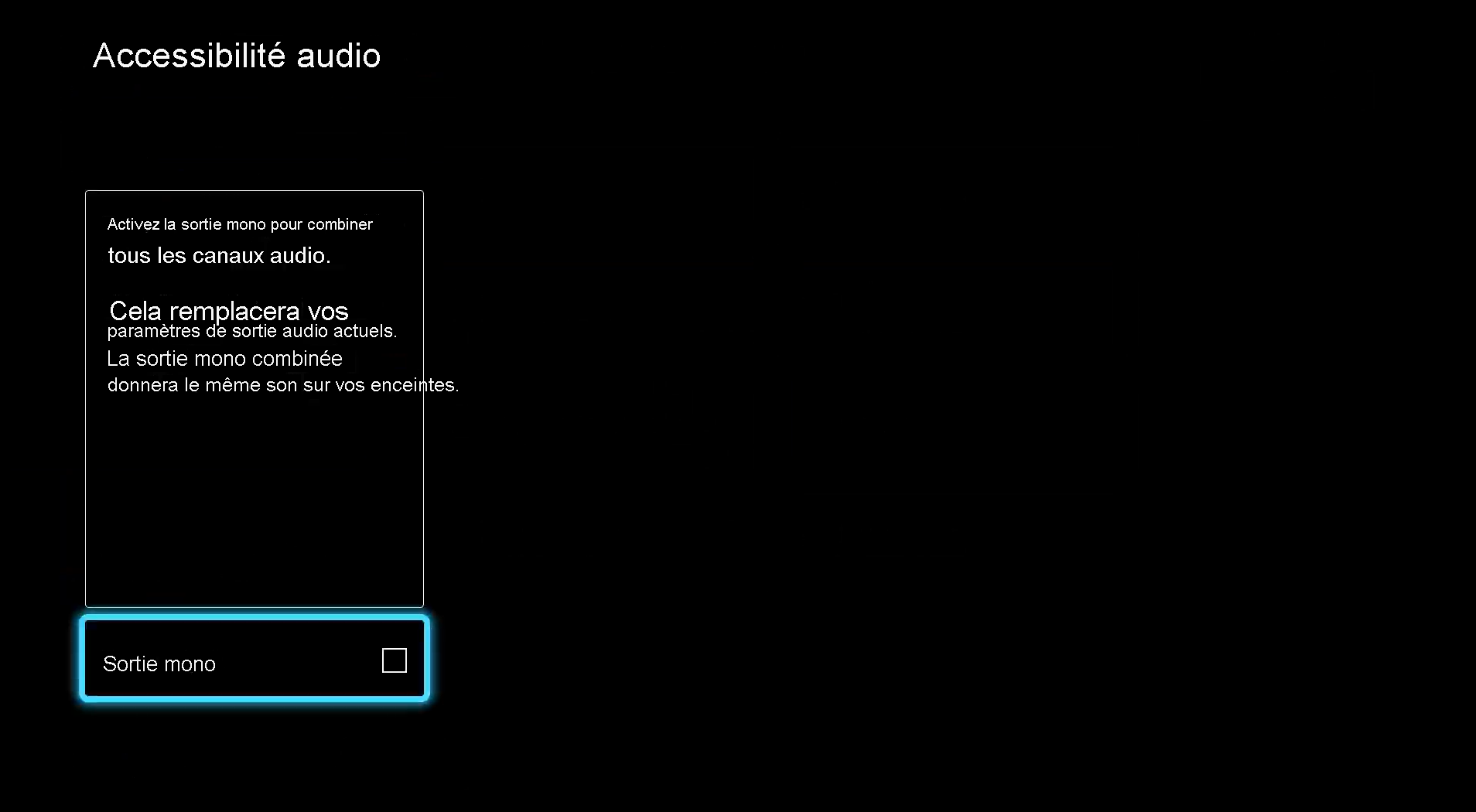Screenshot that shows the audio accessibility menu on the Xbox platform. The Mono output setting is highlighted and the checkbox is cleared.