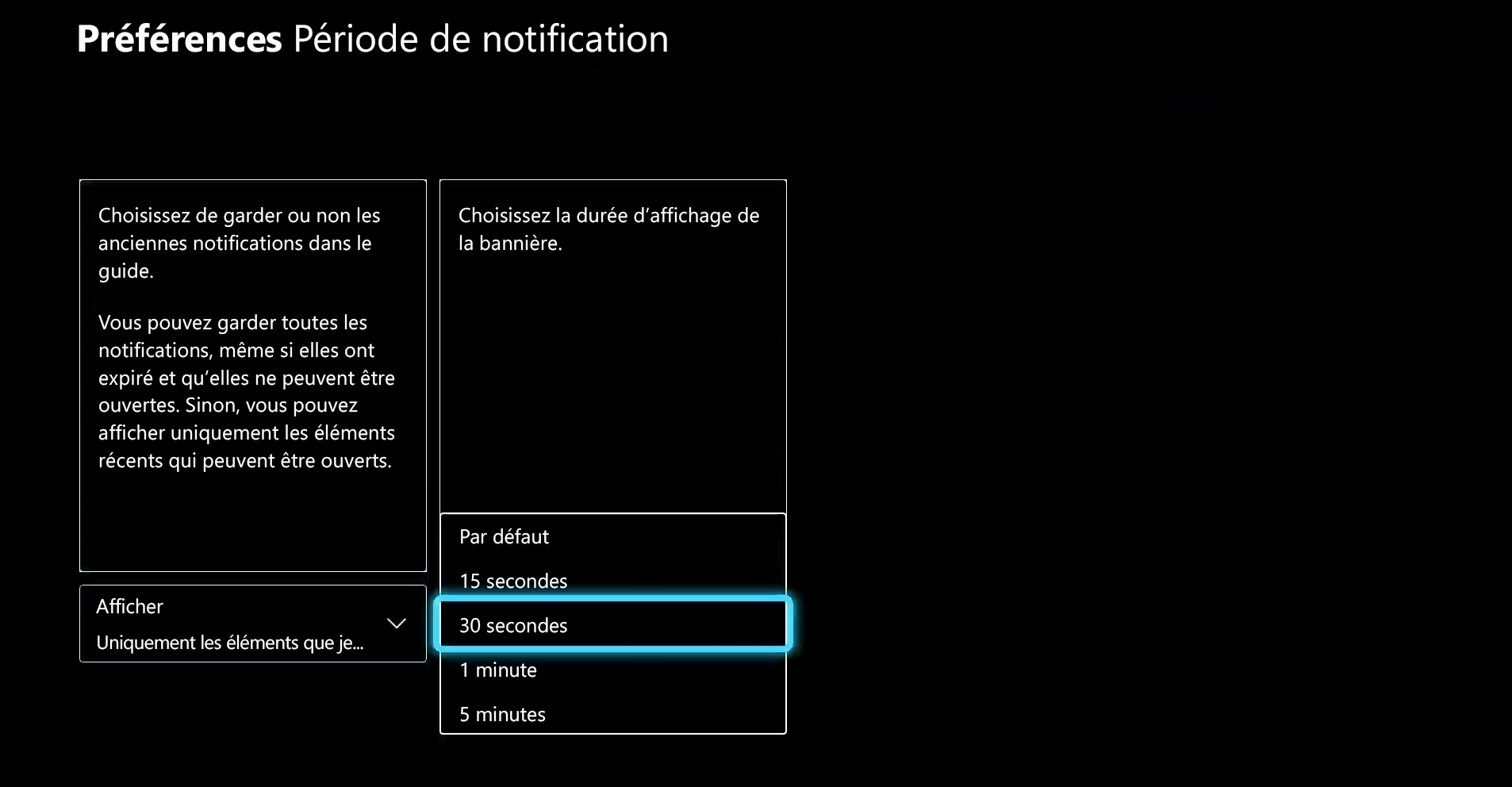 Screenshot that shows the Notification timing preferences screen on Xbox. The option Choose how long your banner notification pops up for is highlighted and 30 seconds is selected.