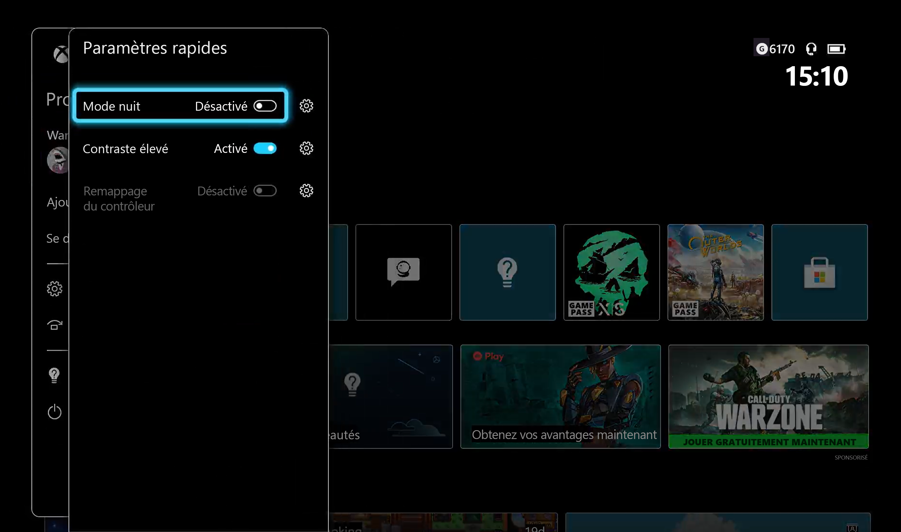Screenshot that shows the Quick settings screen on Xbox. The Night mode setting is highlighted and turned off.