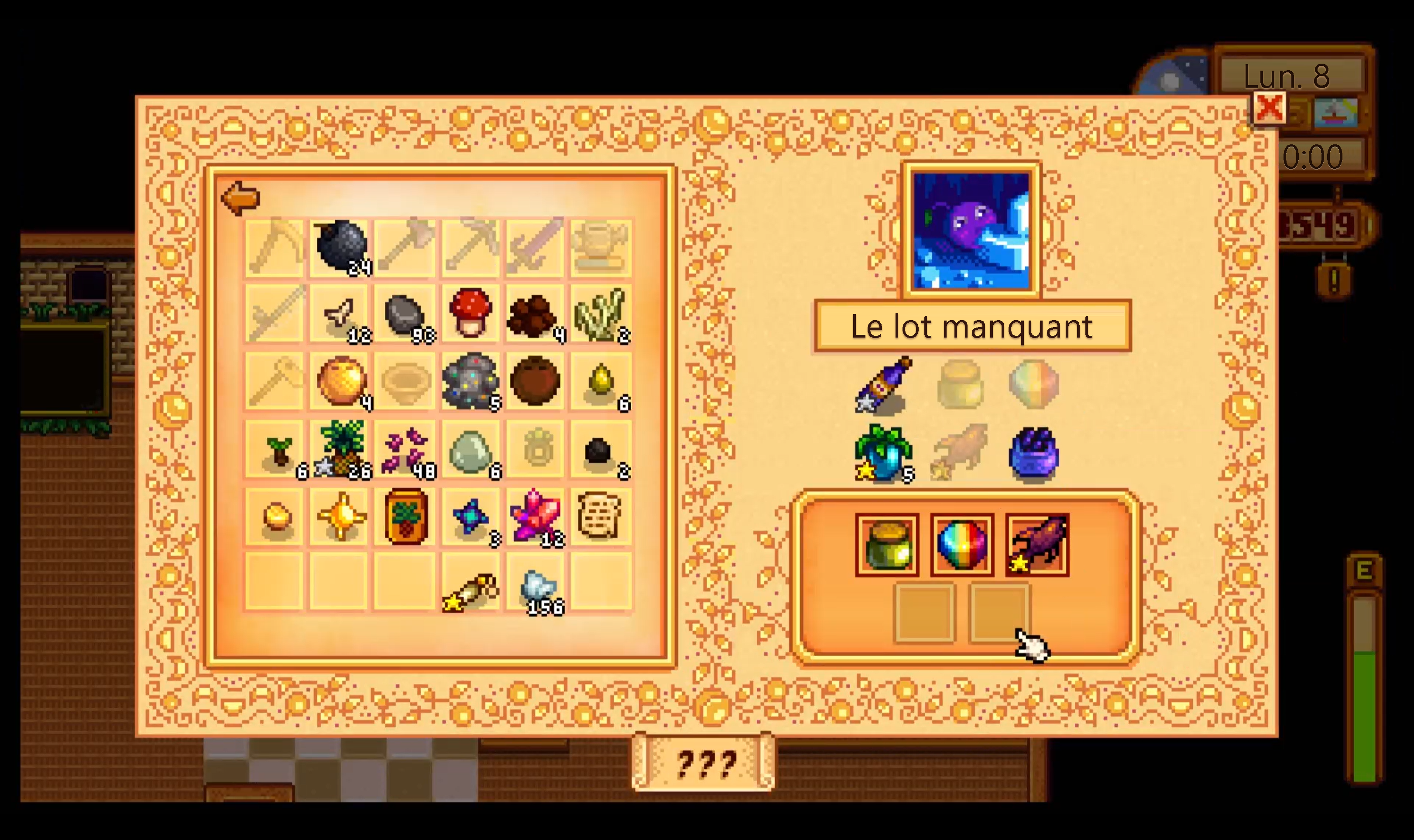 Screenshot that shows the interface in Stardew Valley for The Missing Bundle in-game activity.