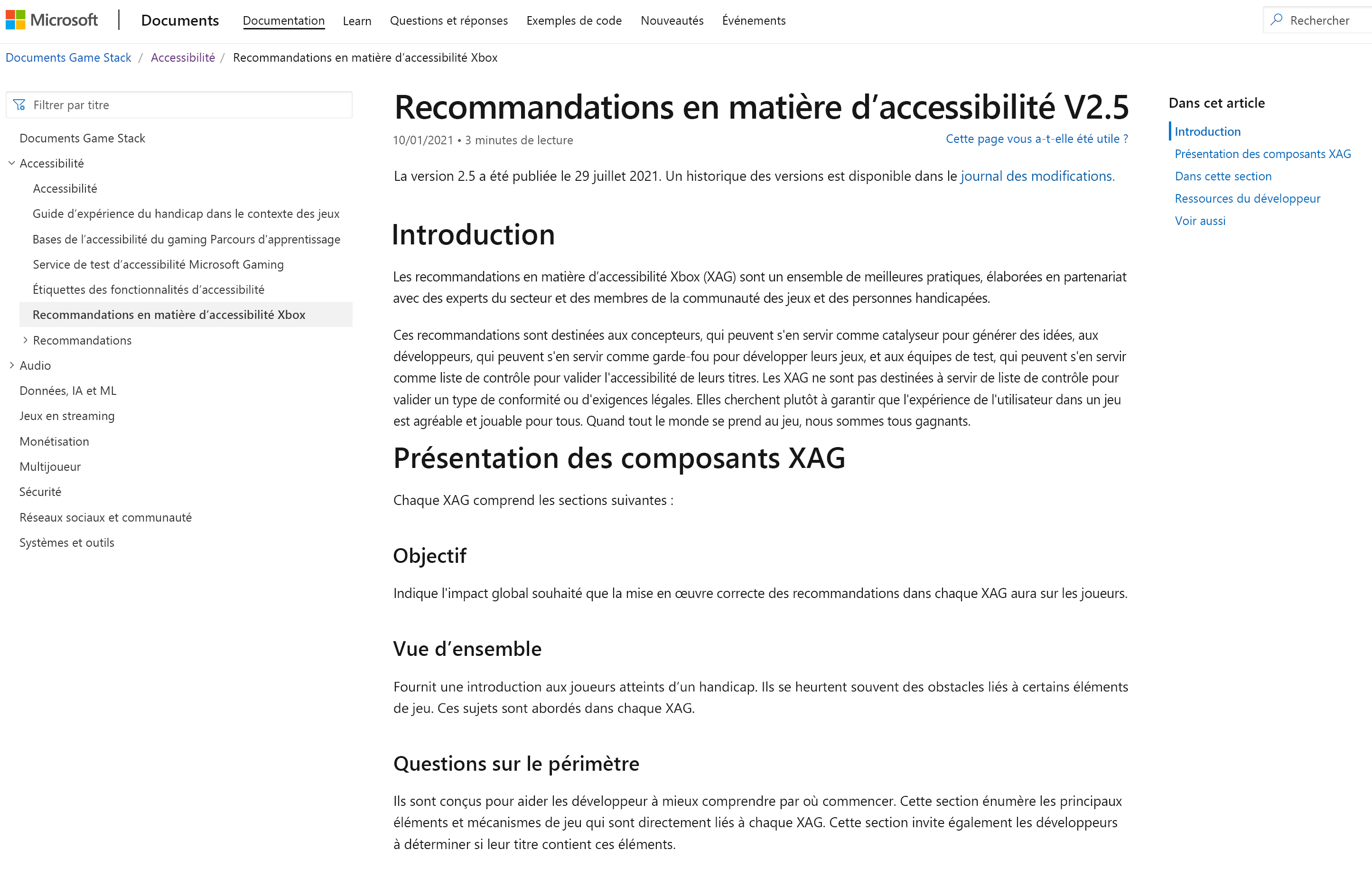 Screenshot that shows the Xbox Accessibility Guidelines V2.5 website shown in Microsoft Edge.
