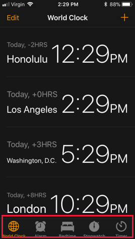 Capture d’écran de l’application i O S Clock montrant la barre d’onglets inférieure contenant différents onglets relatifs à l’heure : Horloge mondiale, Alarme, Heure du lit, Chronomètre et Minuteur.