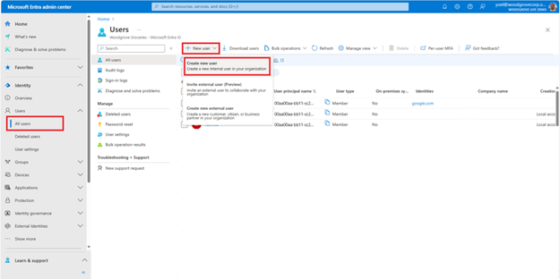 Capture d’écran du panneau Utilisateurs avec un bouton intitulé Nouvel utilisateur mis en surbrillance et l’une des options de menu déroulant Créer un utilisateur qui vous permet de créer un utilisateur interne dans votre organisation mis en surbrillance.