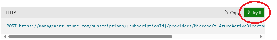 Capture d’écran du bouton intitulé Essayer mis en évidence du côté droit de l’en-tête de code de requête HTTP. La requête HTTP vérifie la disponibilité et la validité d’un nom de domaine pour le locataire.