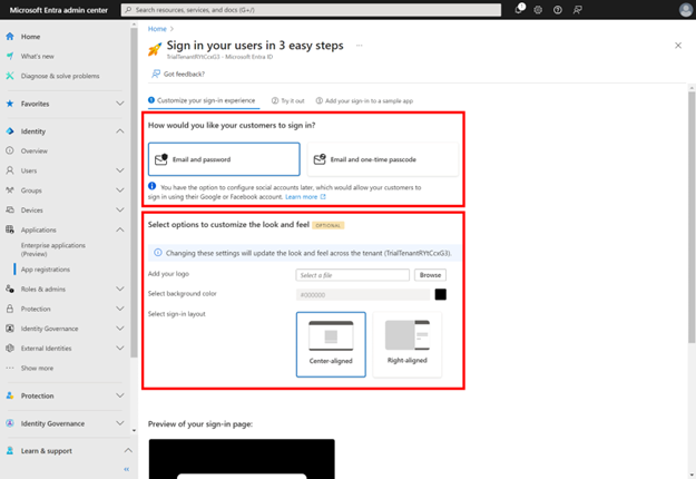 Capture d’écran du guide « Connecter à vos utilisateurs en 3 étapes faciles », avec les champs « Comment voulez-vous que vos clients se connectent ? » et « Sélectionner des options pour personnaliser l’apparence » mis en évidence.