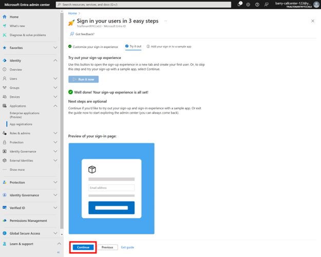 Capture d’écran du guide de démarrage avec un bouton intitulé Continuer mis en évidence.