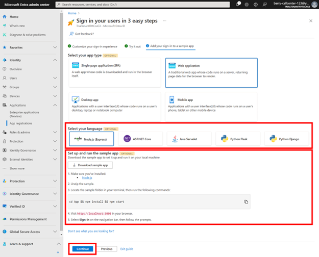 Capture d’écran mettant en évidence les sections « Sélectionner votre langage » et « Configurer et exécuter l’exemple d’application ».