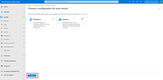 Capture d’écran de Choisir une configuration pour votre locataire. Le groupe de choix Externe est sélectionné.