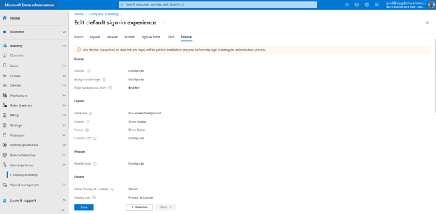 Capture d’écran de l’onglet Révision de l’expérience de connexion par défaut qui montre la vue d’ensemble de la configuration pour les bases, la disposition, l’en-tête et le pied de page.