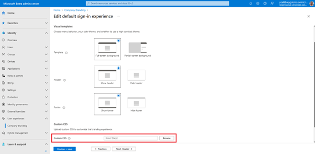 Capture d’écran de l’onglet Disposition du panneau Modifier l’expérience de connexion par défaut mettant en surbrillance le champ pour charger le CSS personnalisé.