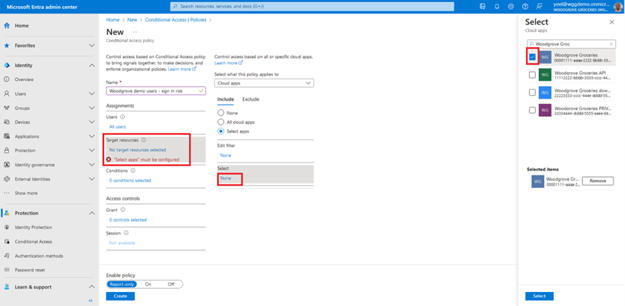 Capture d’écran du panneau Nouvelle stratégie d’accès conditionnel mettant en évidence Ressources cibles avec l’onglet Inclure et la sélection de l’application Woodgrove Groceries dans le volet Sélectionner des applications cloud ouvert à droite.