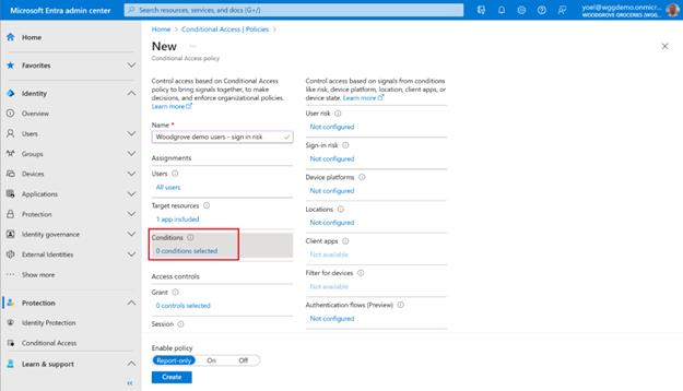 Capture d’écran du panneau Nouvelle stratégie d’accès conditionnel mettant en évidence Conditions.