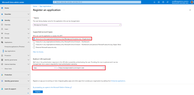 Capture d’écran du panneau Inscrire une application avec Comptes dans cet annuaire organisationnel uniquement mis en évidence pour Qui peut utiliser cette application ou accéder à cette API ? et l’URI de redirection est mis en évidence et défini sur Web, ainsi que l’URL vers laquelle rediriger l’utilisateur une fois qu’il a réussi son authentification.