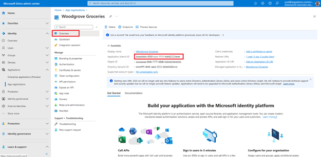 Capture d’écran montrant Inscriptions d’applications avec Vue d’ensemble dans le volet de navigation gauche mis en évidence. L’ID d’application (client) est également mis en évidence sous Informations de base.