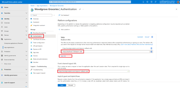 Capture d’écran du panneau Authentification sous Inscriptions d’applications avec l’URI mis en évidence sous URI de redirection web, ainsi que l’URL de déconnexion de canal frontal.