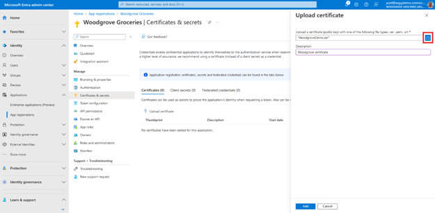 Capture d’écran du volet Charger un certificat ouvert à droite avec l’icône de chargement mise en évidence pour charger le certificat.