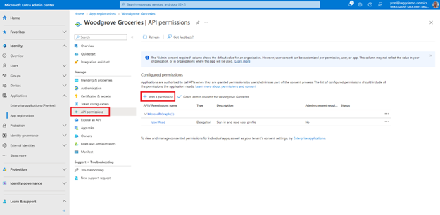 Capture d’écran des autorisations d’API sous Inscriptions d’applications avec un bouton intitulé Ajouter une autorisation mis en évidence.
