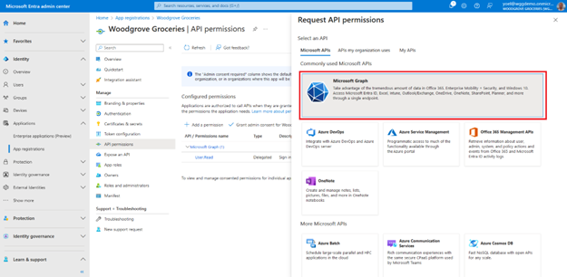 Capture d’écran du volet Demander des autorisations d’API ouvert à droite avec un groupe de choix intitulé Microsoft Graph mis en évidence.