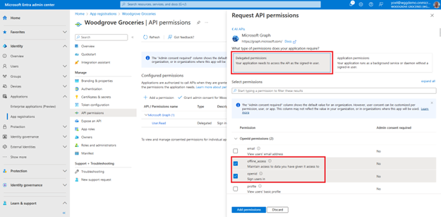 Capture d’écran du volet Demander des autorisations d’API ouvert à droite avec un groupe de choix intitulé Autorisations déléguées mis en évidence et autorisations offline_access et openid cochées en dessous.
