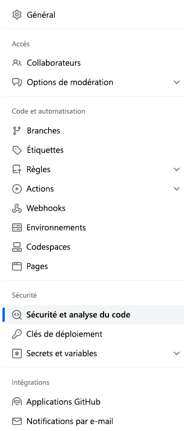 capture d’écran du bouton Sécurité et analyse du code.