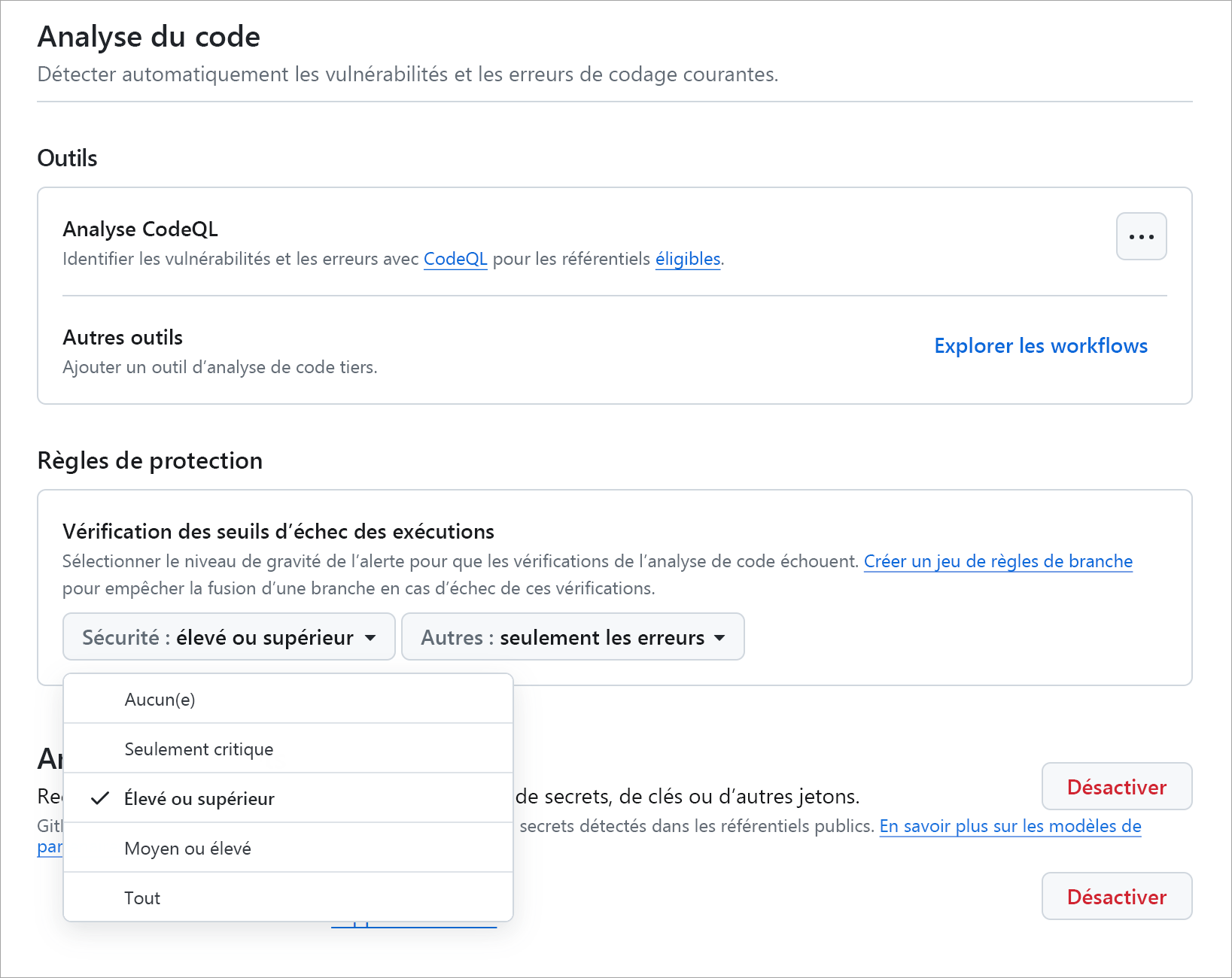 capture d’écran du menu déroulant de la gravité d’alerte d’analyse du code.