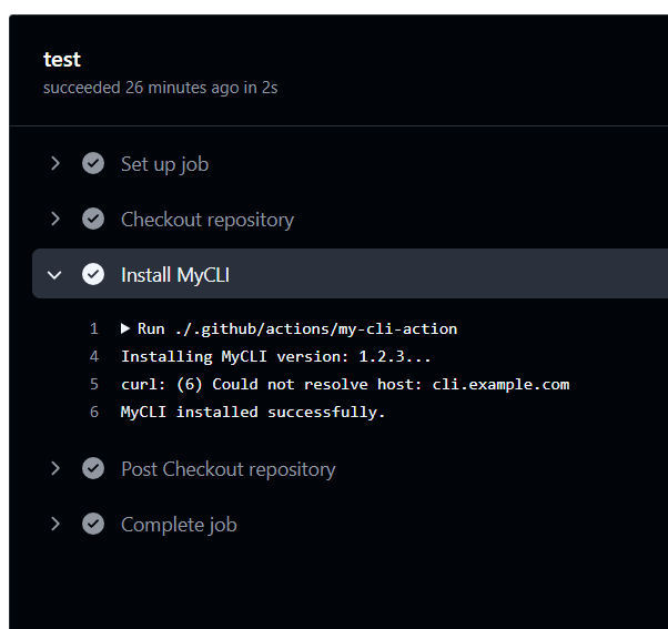 Capture d’écran des résultats des tests d’une action GitHub JavaScript.