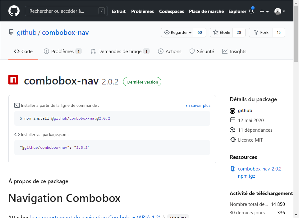 Page de package GitHub n p p m, avec description et instructions sur la façon de l’installer.