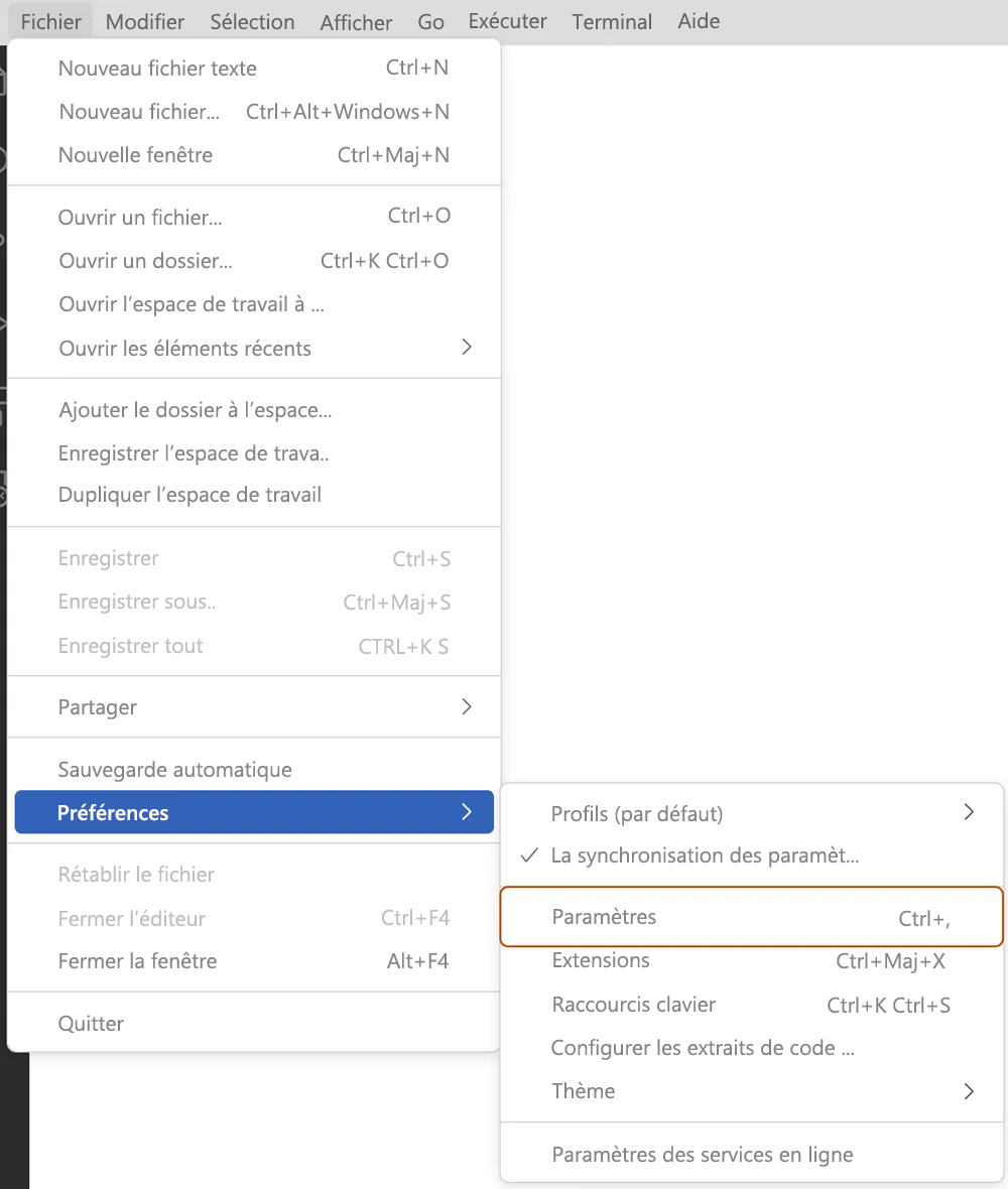 Screenshot of the File menu in Visual Studio Code. The Preferences drop down submenu is open with Settings selected.