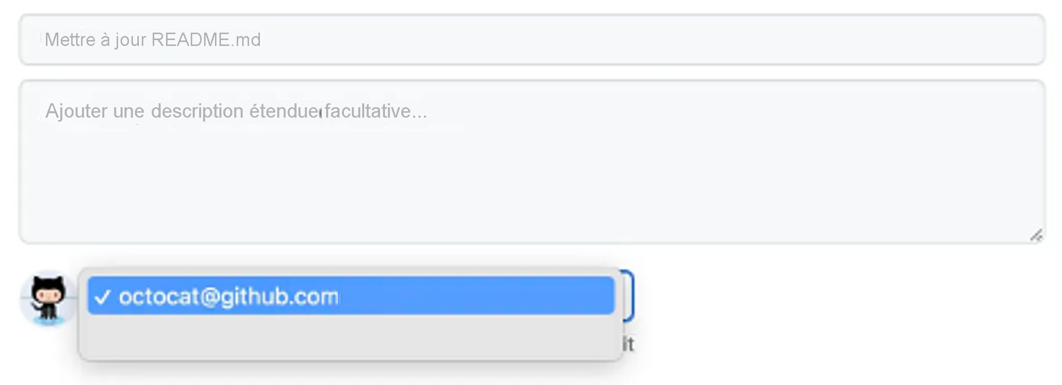 Capture d’écran d’une modification de validation avec une zone de description et le menu déroulant de l’adresse e-mail à sélectionner comme auteur de la validation.