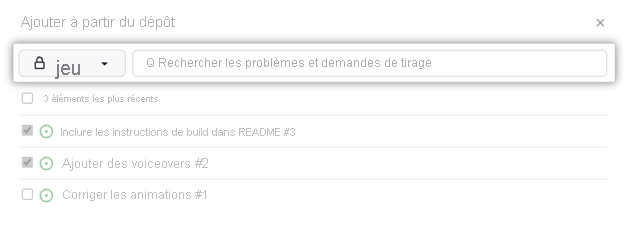 Capture d’écran de l’ajout de problèmes et de demandes de tirage en bloc à partir d’un dépôt, avec l’option de recherche de problèmes ou de demandes de tirage spécifiques mise en évidence.