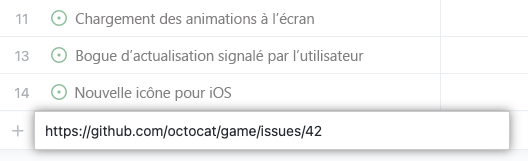 Capture d’écran d’un projet en mode Liste avec un exemple d’URL de problème collé dans le projet.