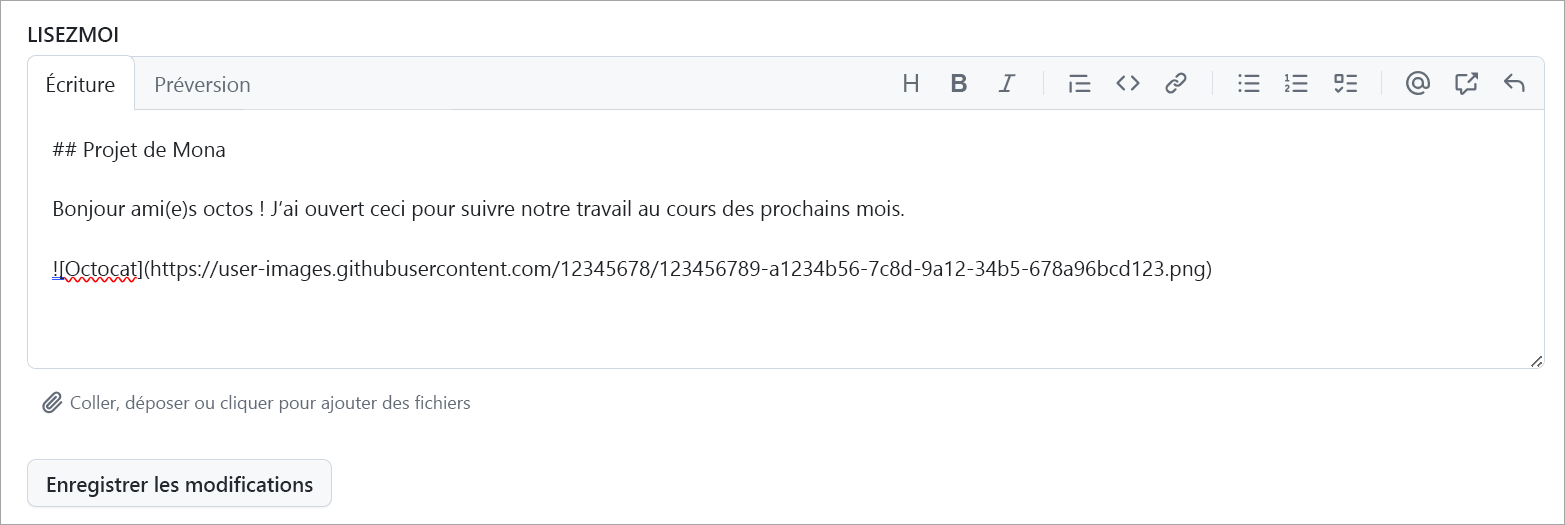 Capture d’écran du texte LISEZMOI d’un projet mis en évidence avec un exemple de texte décrivant le projet de l’utilisateur.