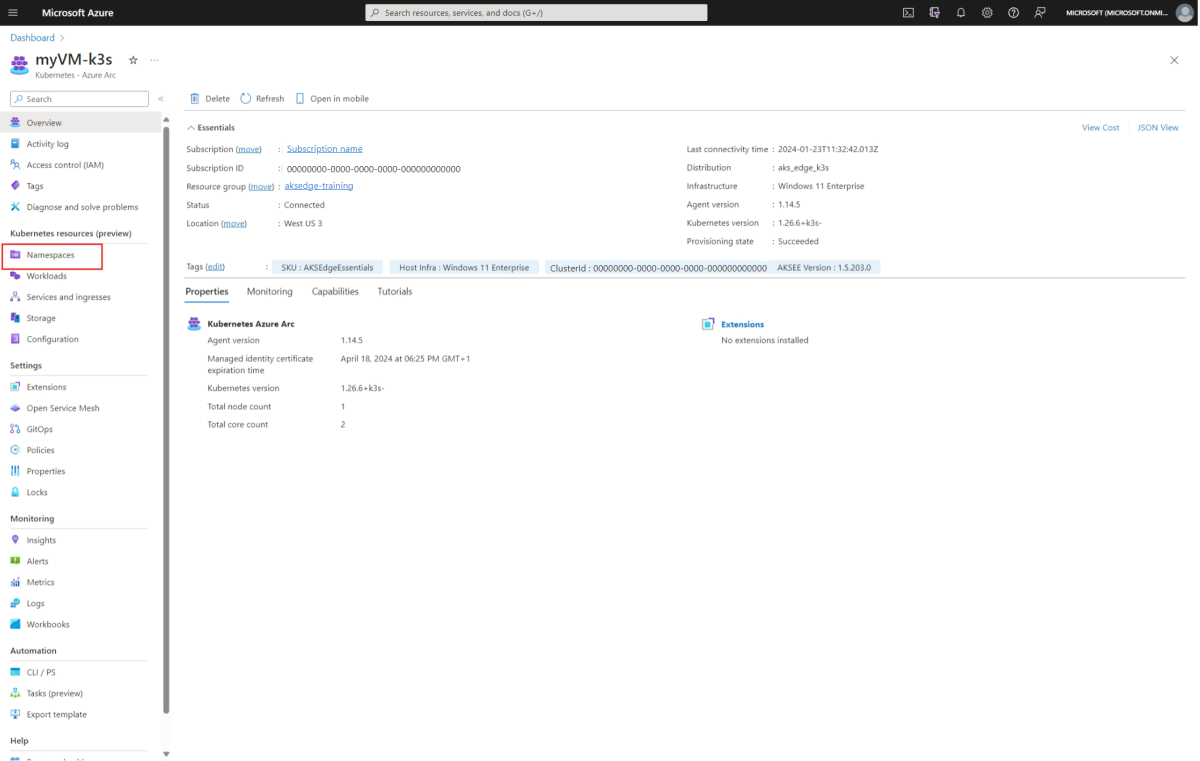 Capture d’écran de la ressource AKS Edge Essentials Kubernetes Azure Arc dans le portail Azure avec des espaces de noms mis en évidence.