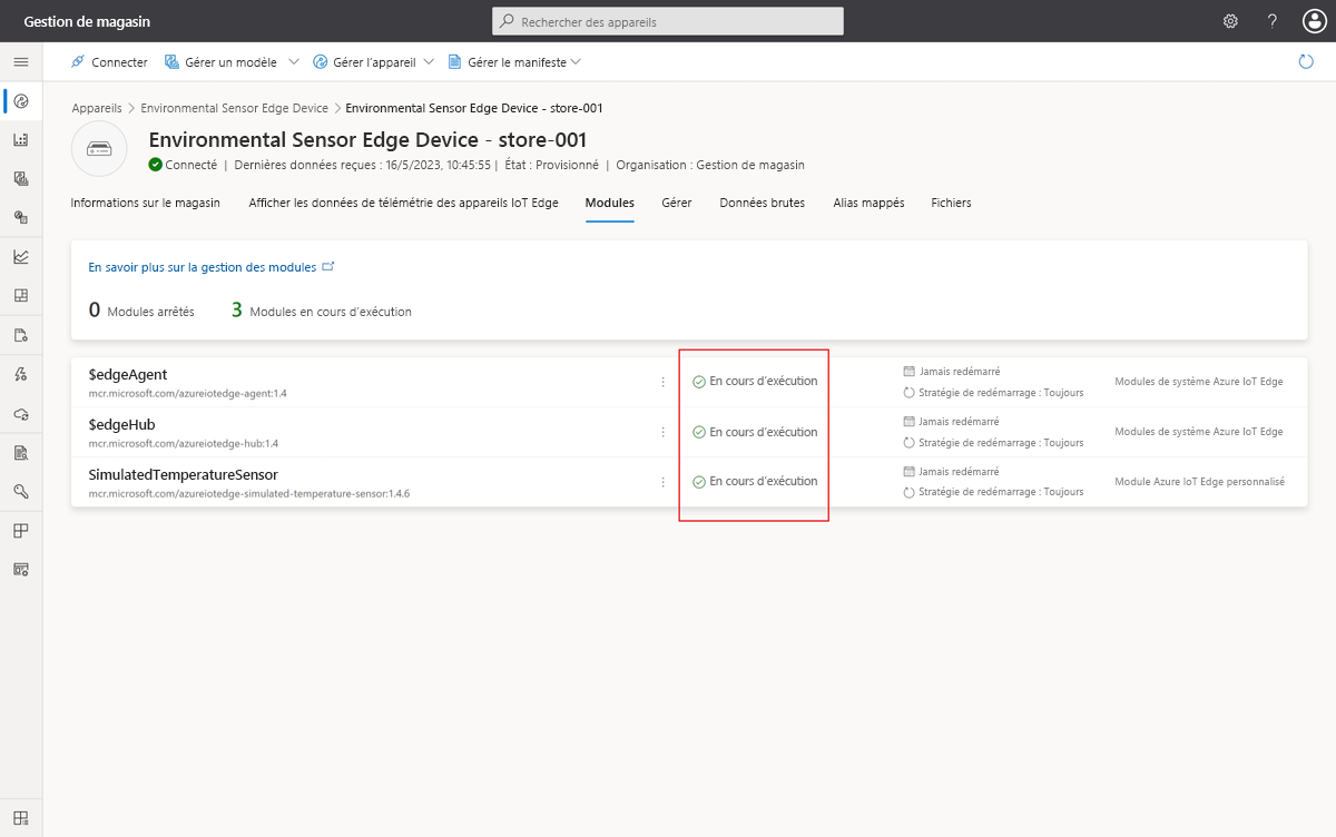 Screenshot that shows three running modules on the IoT Edge device.