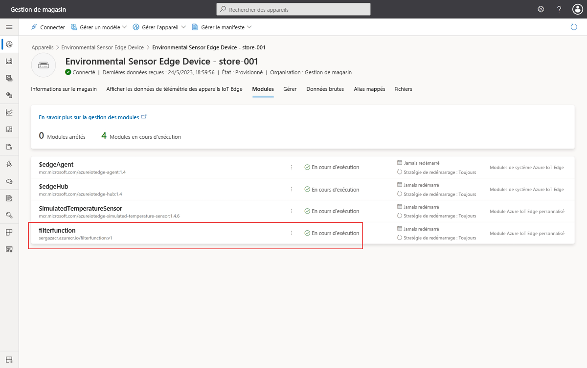 Screenshot that shows the FilterFunction module running on the IoT Edge device.