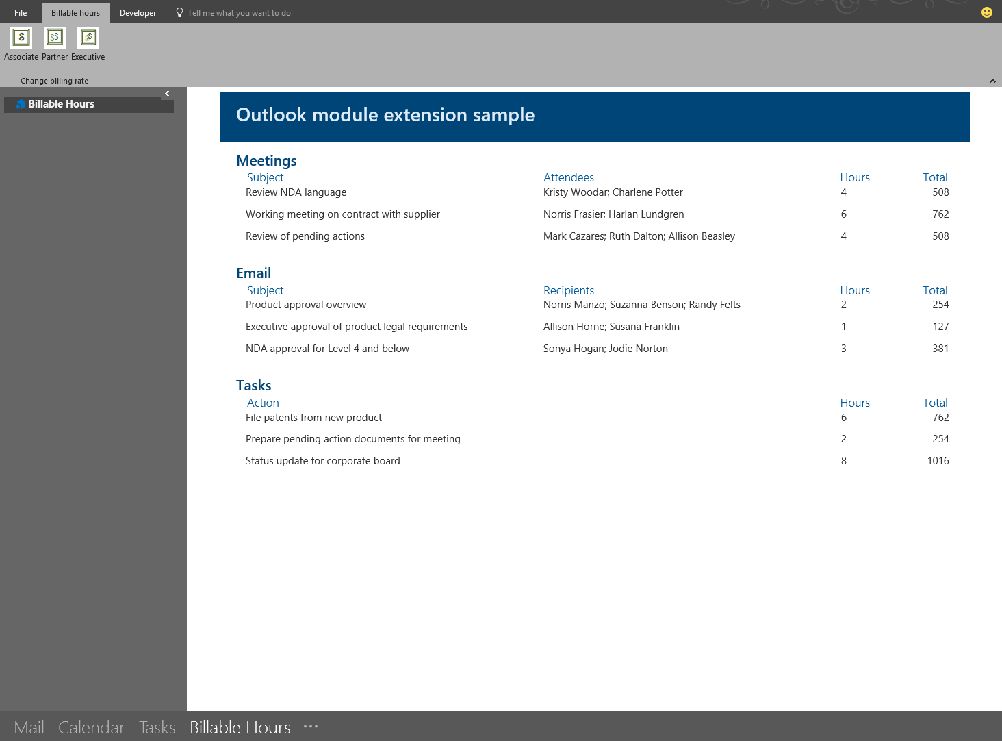 Capture d’écran de l’exemple de complément de module dans Outlook sur Windows.