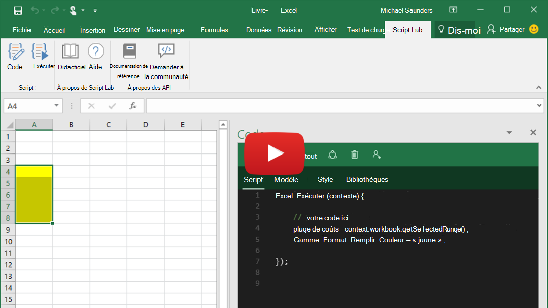 Aperçu vidéo montrant Script Lab en cours d’exécution dans Excel, Word et PowerPoint.
