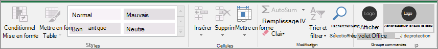 Capture d’écran du ruban dans Excel avec la protection de feuille de calcul activée.