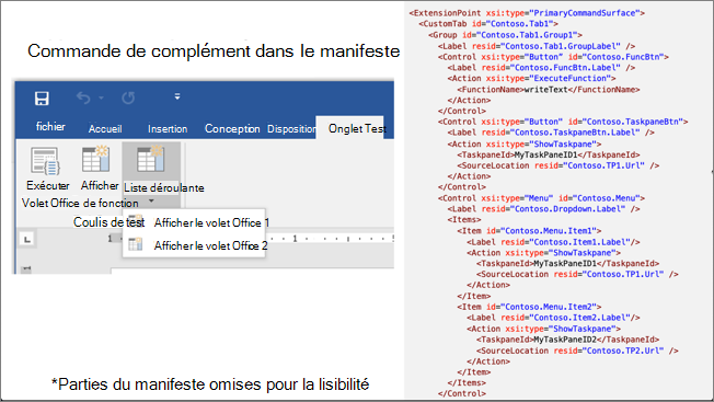 Capture d’écran d’une application Office en regard d’un extrait de manifeste de complément.