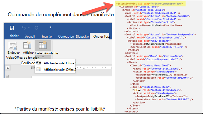 Capture d’écran d’une application Office en regard d’un extrait de manifeste de complément avec le point d’extension mis en surbrillance.