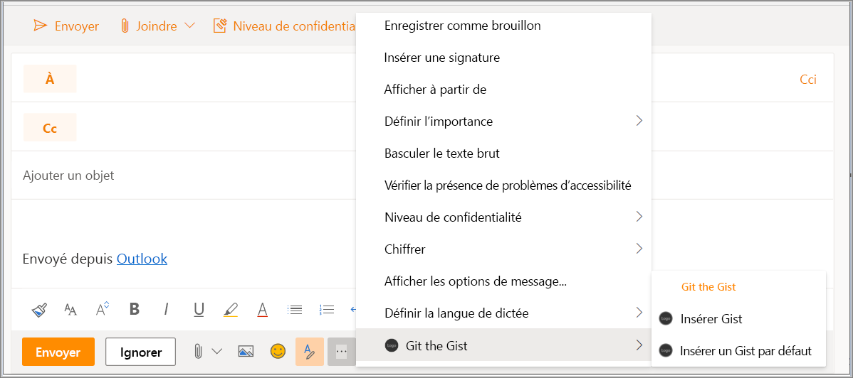 Capture d’écran du formulaire de composition de message dans Outlook sur le web avec le bouton de complément et le menu contextuel mis en surbrillance.