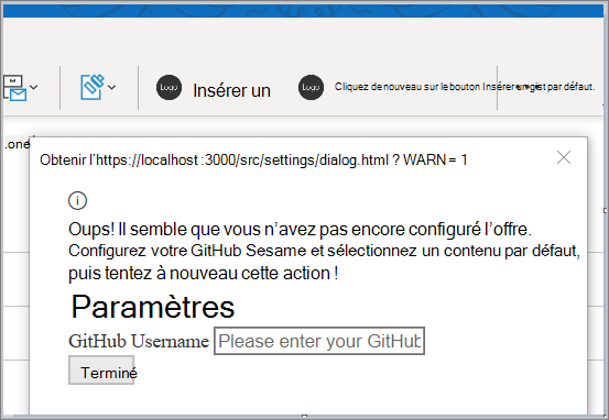 Capture d’écran de l’invite du complément à configurer.