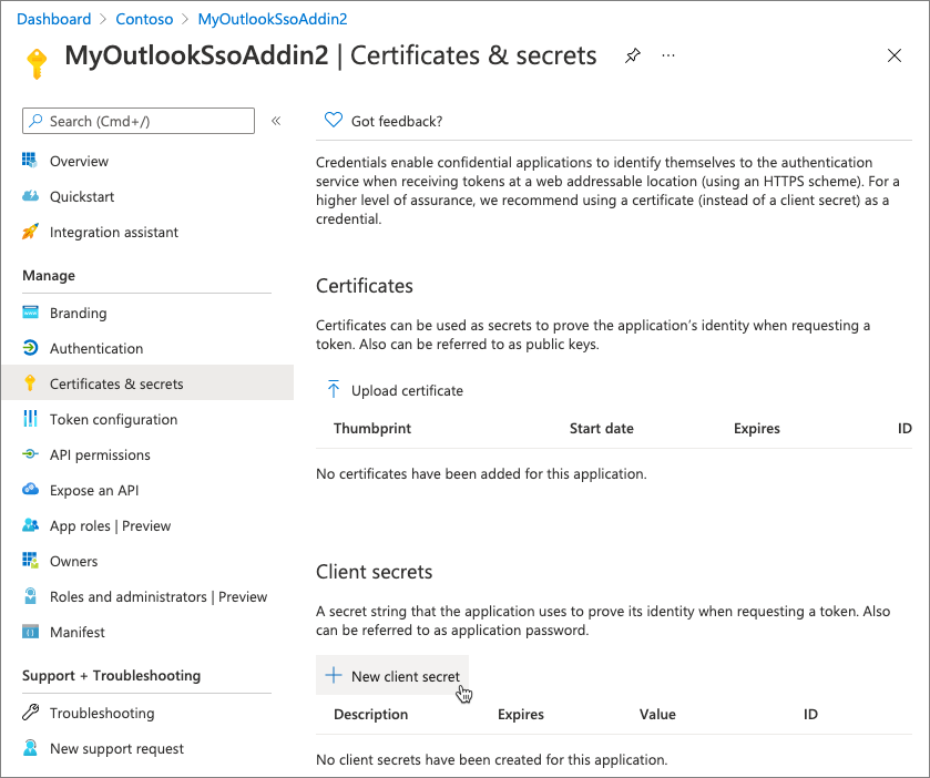 Capture d’écran de la page Certificats et secrets dans le Centre d’administration Microsoft Entra.