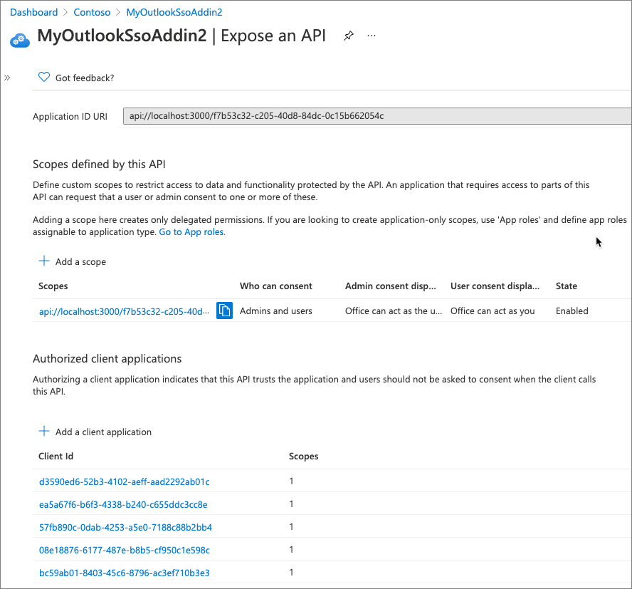 Capture d’écran montrant l’ID et les clients autorisés qui peuvent accéder à l’API du complément.